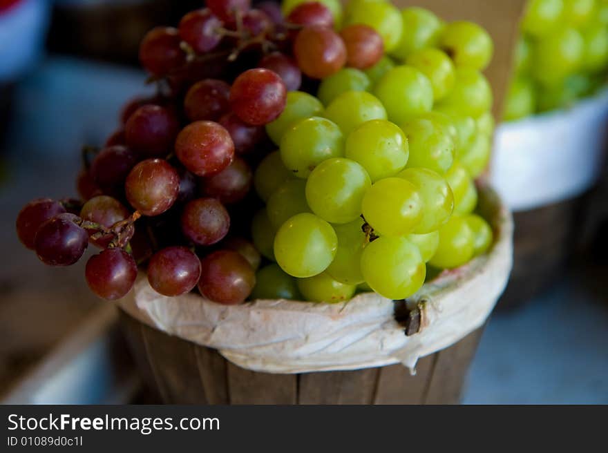 Juicy clusters of red and green grapes