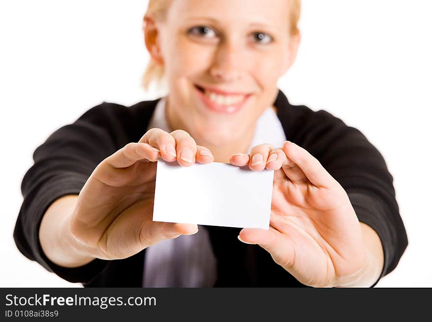 Smiling business woman with her card