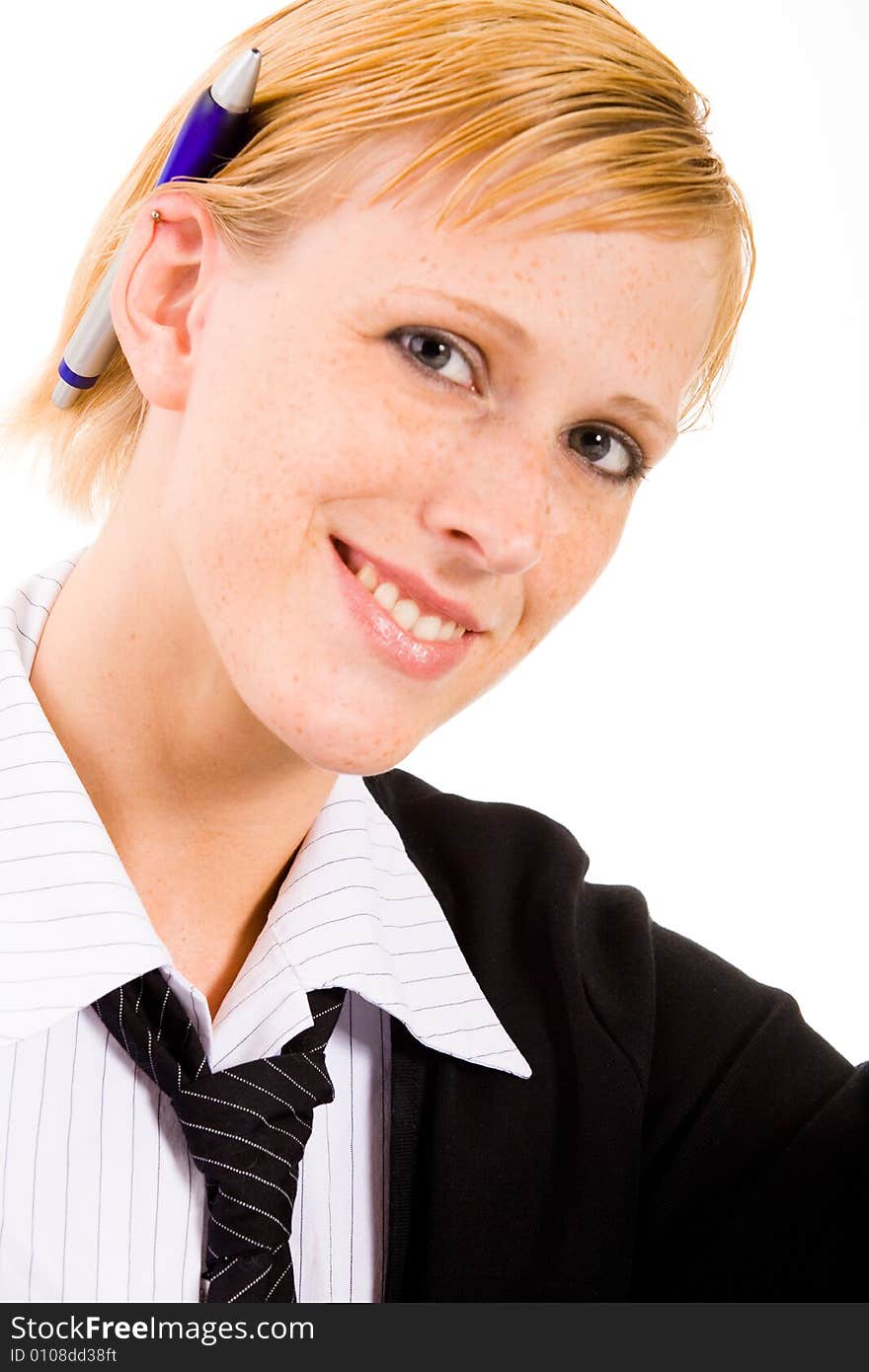 Business woman with a pen on her ear