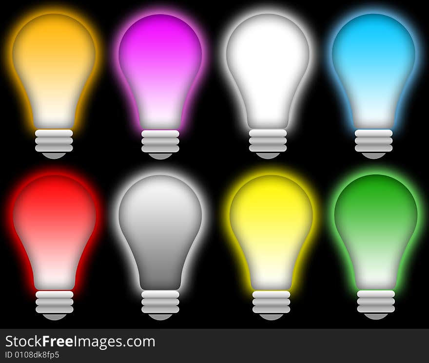 8 Multicolor bulbs at black background