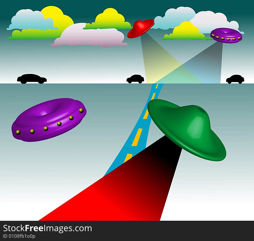 Abstract colored illustration with road, clouds, cars and many unidentified flying objects floating in the sky