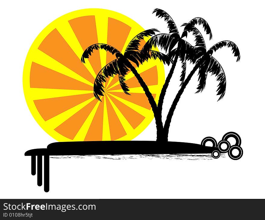 Abstract vector scene with palm trees over sun