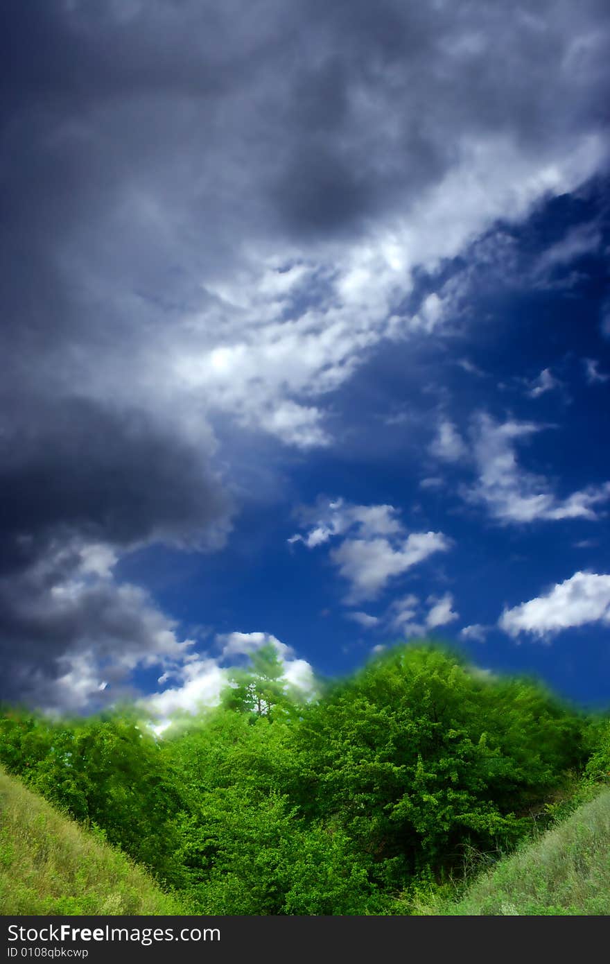 Dark blue sky and rays sun falling on green tree and plain