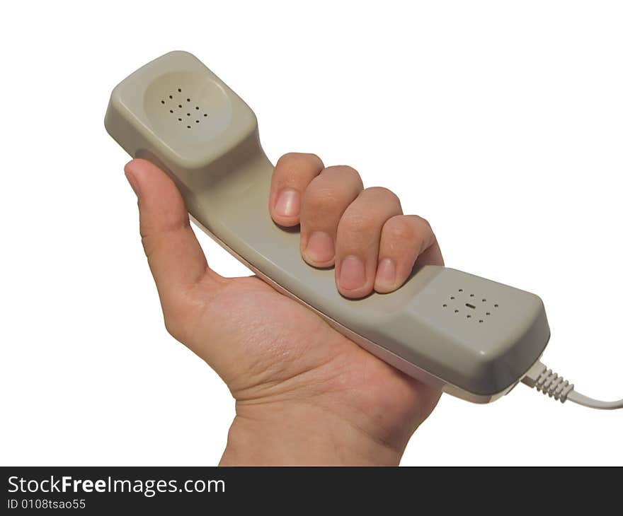 Telephone handset in man hand isolated on white