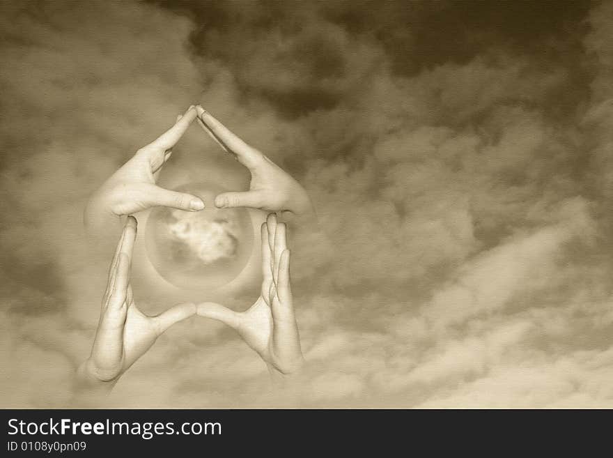 Abstract scene of the hands of the person keeps brighten planet on background cloud. Abstract scene of the hands of the person keeps brighten planet on background cloud