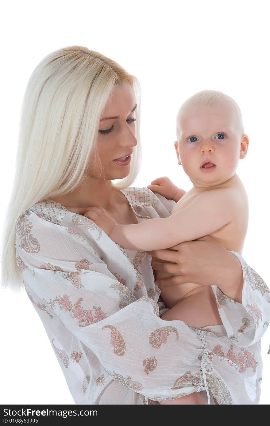 Happy mother with baby over white