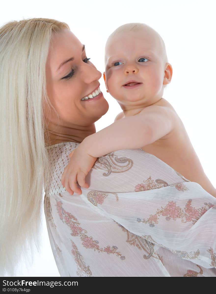 Happy mother with baby over white