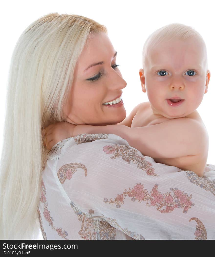 Happy mother with baby over white