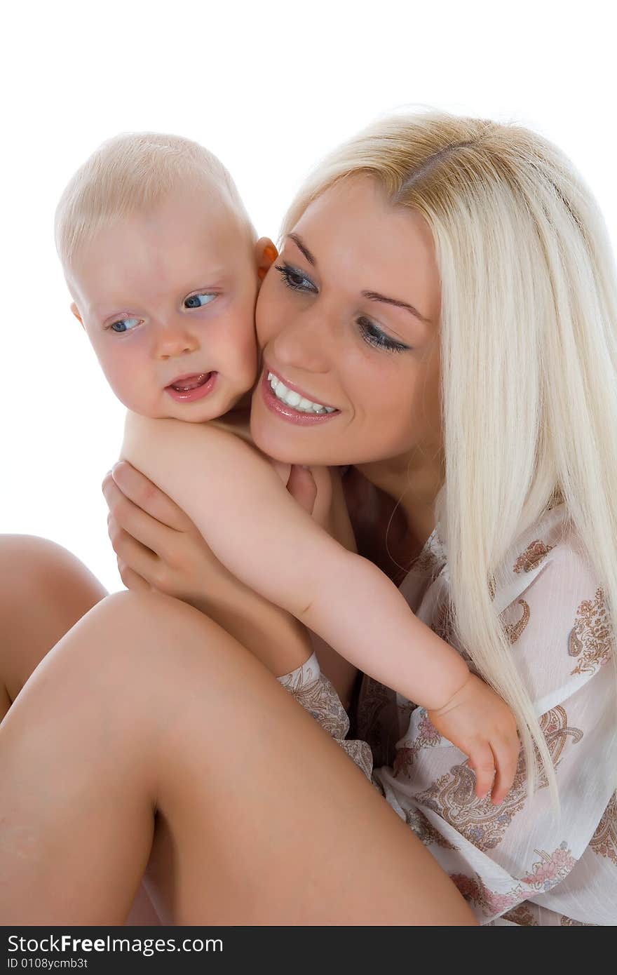 Happy mother with baby over white