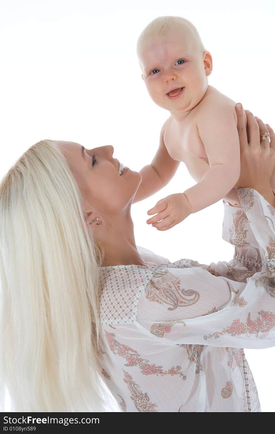 Happy mother with baby over white