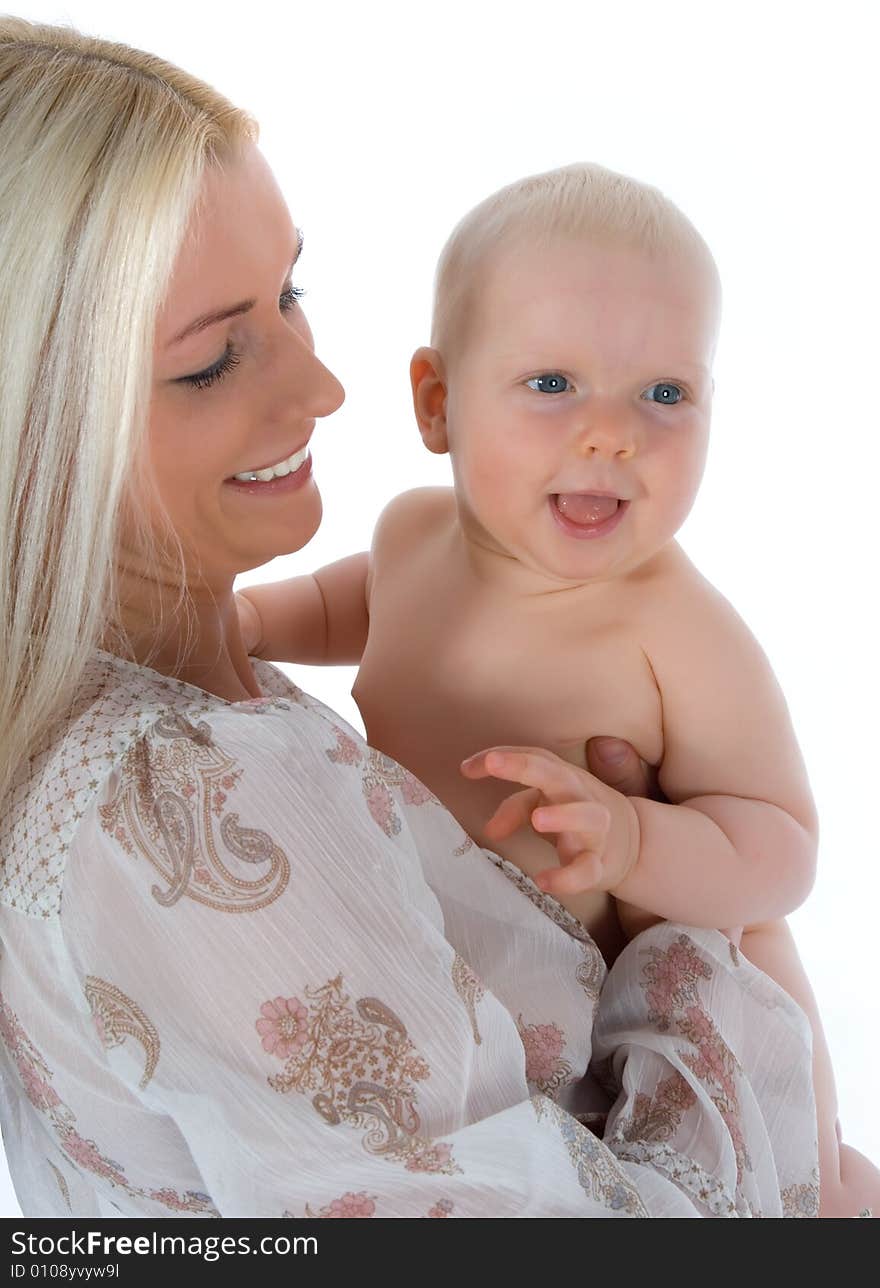 Happy mother with baby over white