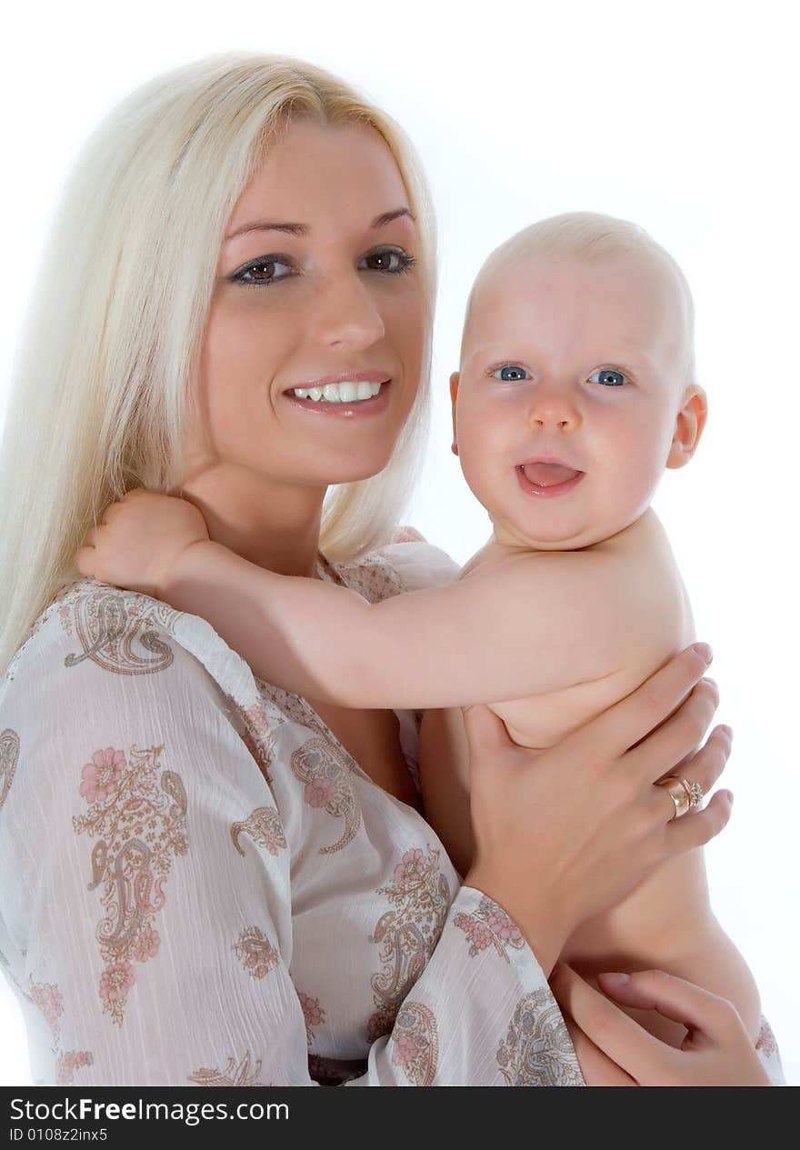 Happy mother with baby over white