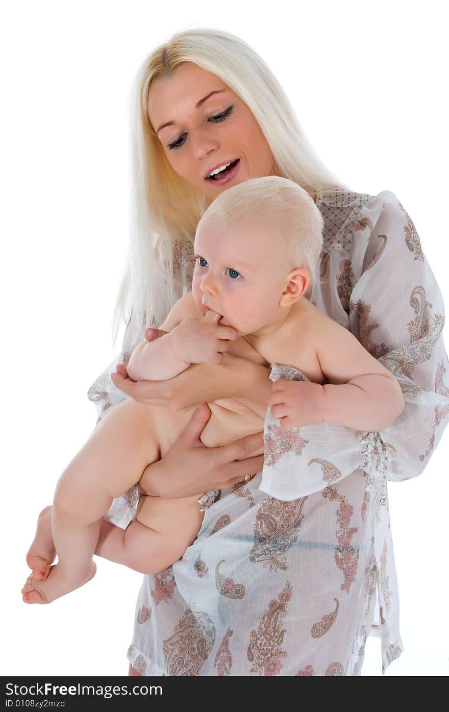 Happy mother with baby over white