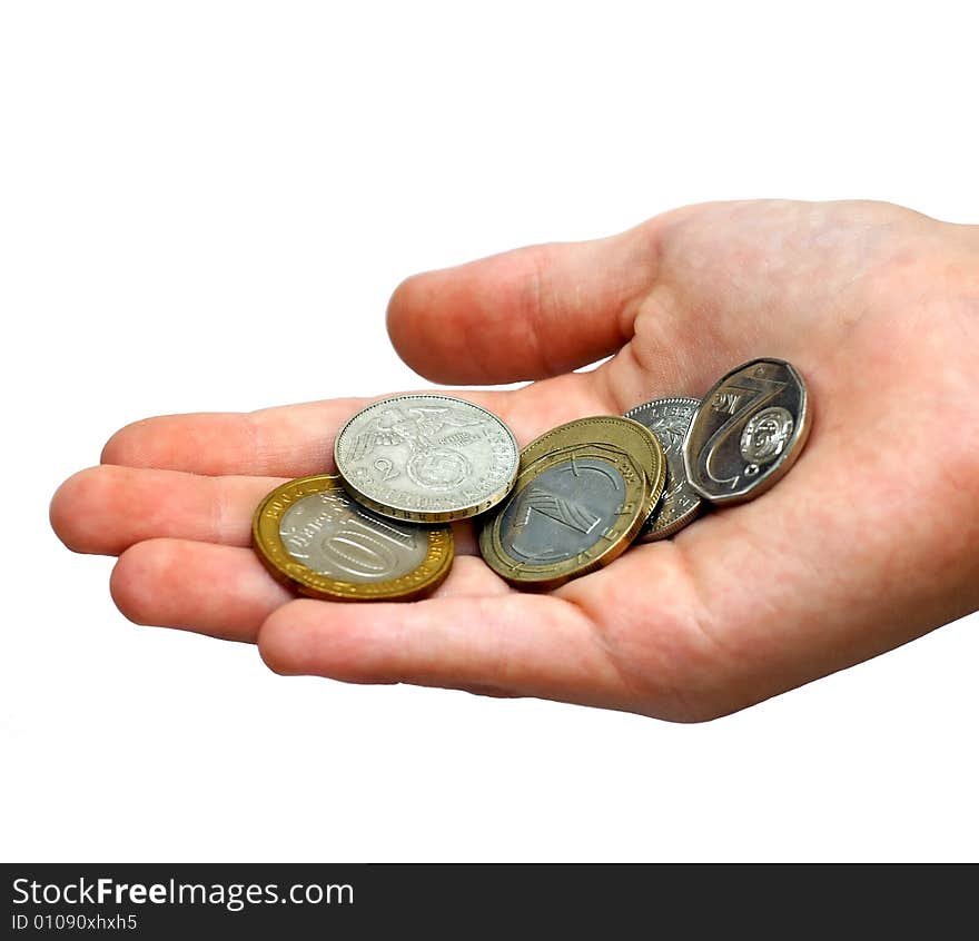 Photo of the coins in a palm on white background