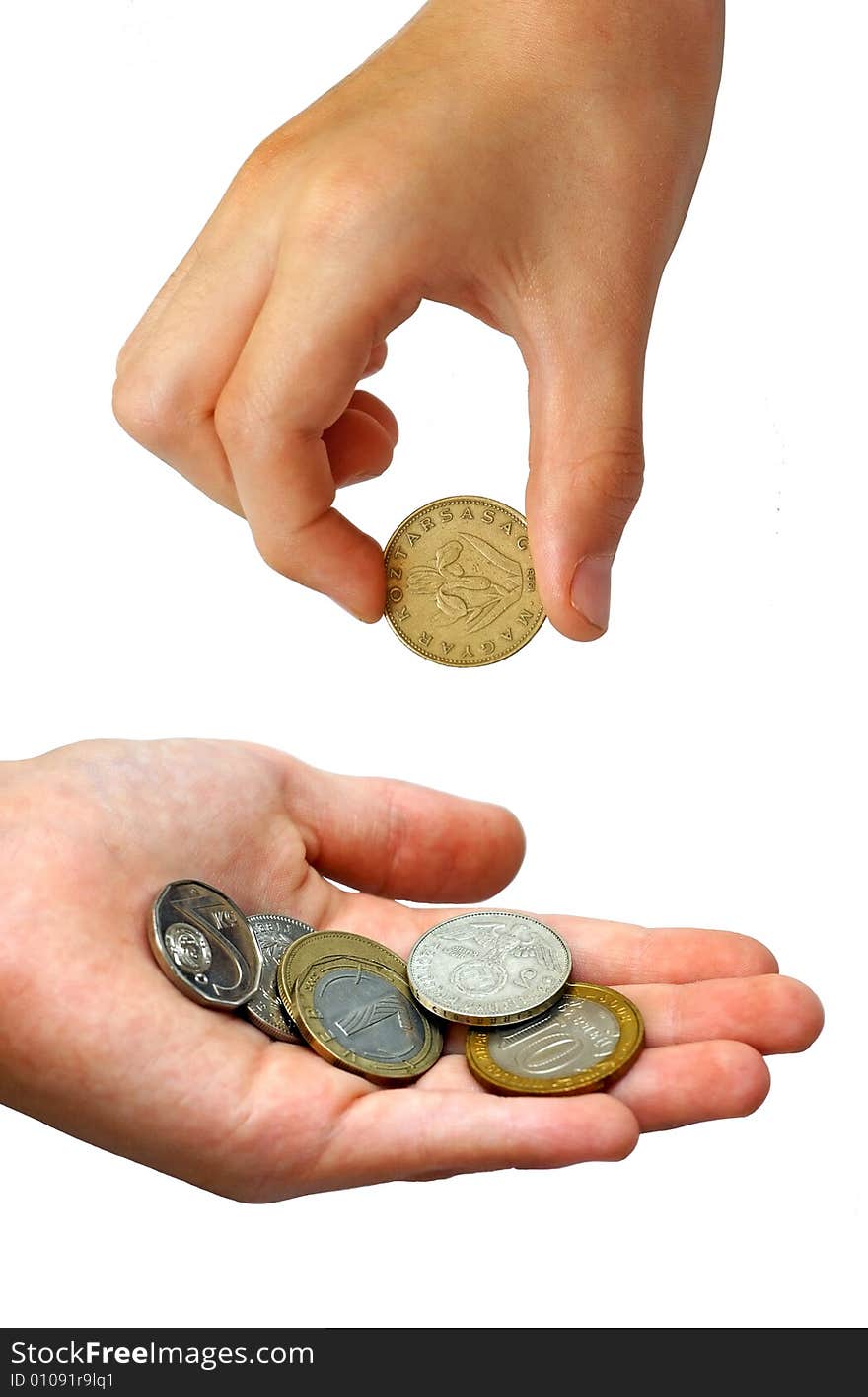 Photo of the hand puting coins in a palm on white background