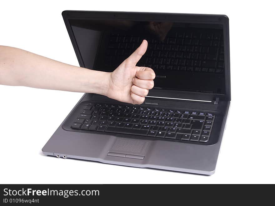 Open laptop in a white background and a ok hand. Open laptop in a white background and a ok hand