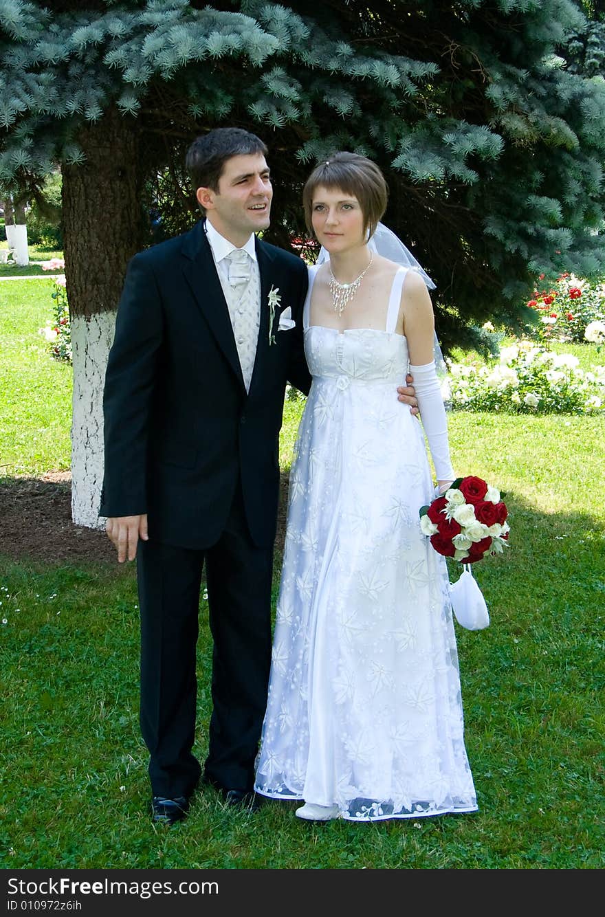 Young couple married on a green meadow