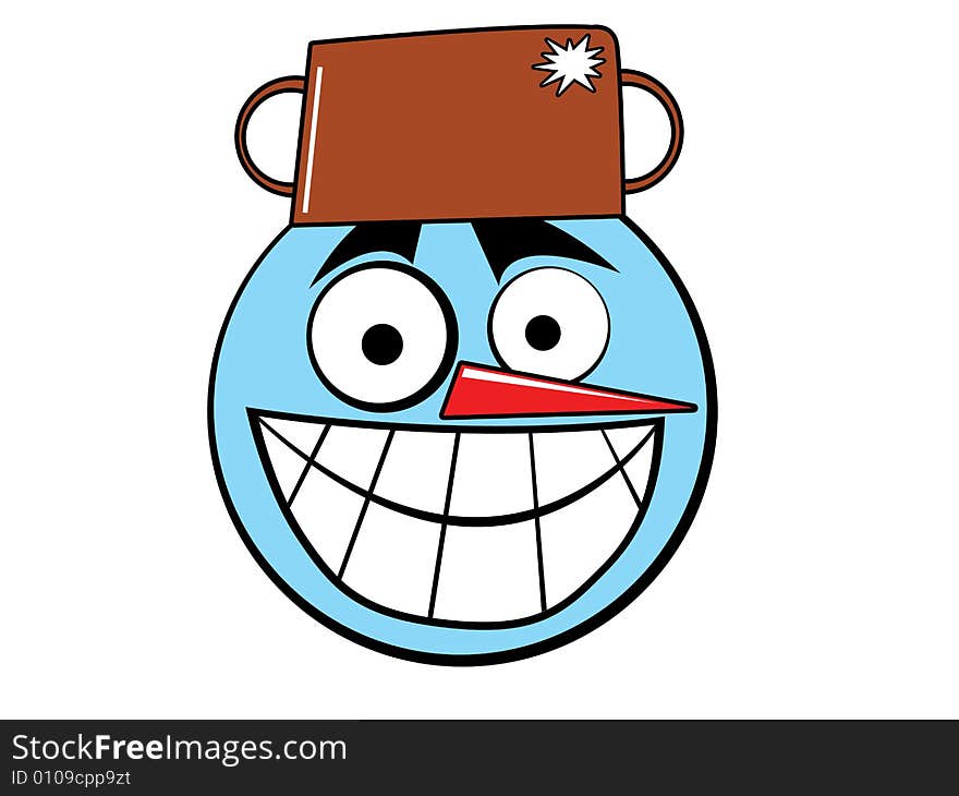 Cartoon smiley icon of snowman head with pot hat and red belt. Cartoon smiley icon of snowman head with pot hat and red belt