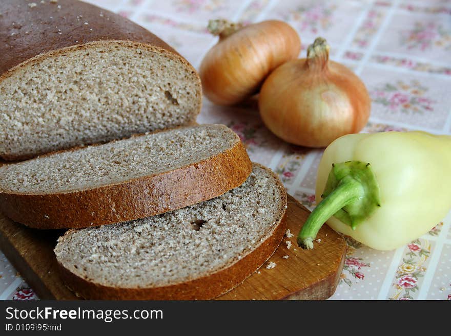 Sliced bread, onions and paprika. Sliced bread, onions and paprika