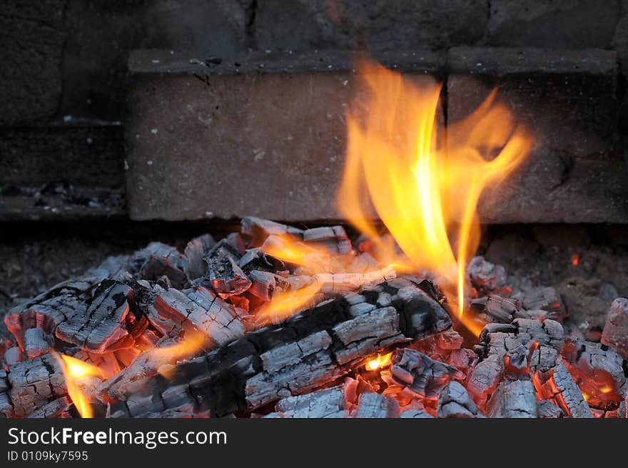 Burning fire wood in fireplace