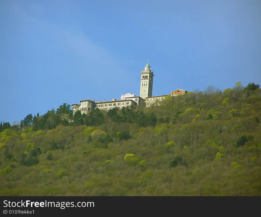 Sveta Gora (Slovenia) postcard: Sveta Gora (Holy Mountain) is a peak of 682 m near the town of Nova Gorica in Slovenia. Originally a pilgrimage destination, it offers exceptional views on three countries (Croatia, Italy and Slovenia) on clear days. The buildings host basilica, Franciscan monastery, WW1 Front Museum and inn. Sveta Gora (Slovenia) postcard: Sveta Gora (Holy Mountain) is a peak of 682 m near the town of Nova Gorica in Slovenia. Originally a pilgrimage destination, it offers exceptional views on three countries (Croatia, Italy and Slovenia) on clear days. The buildings host basilica, Franciscan monastery, WW1 Front Museum and inn.