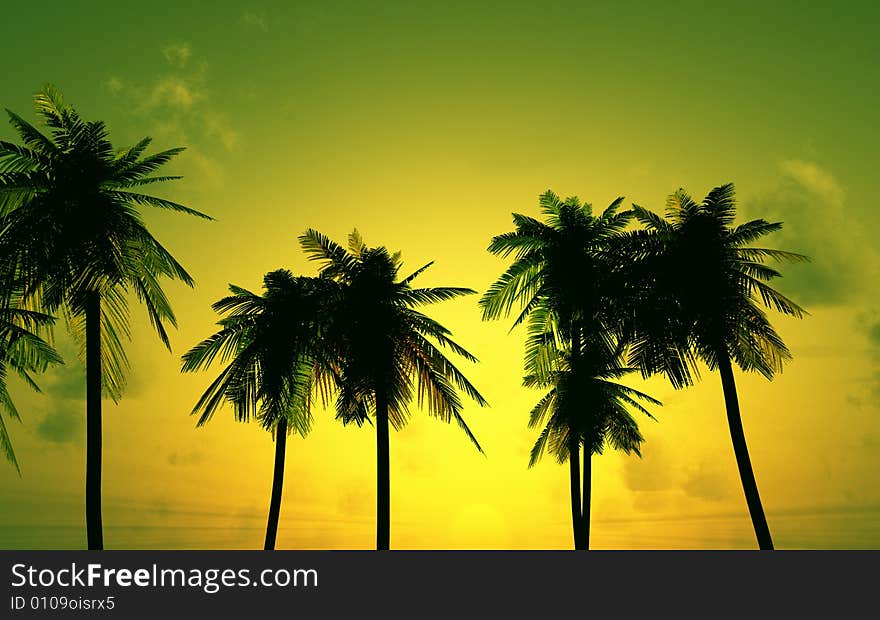 Beautiful sunset with palms. 3d image