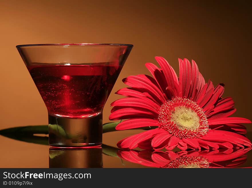 Glass and flower on orange background