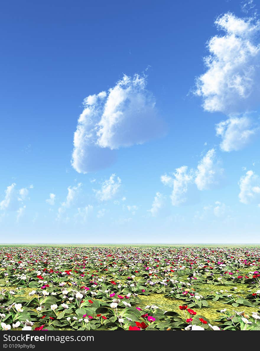 Beautiful field of flowers. 3d image. Beautiful field of flowers. 3d image