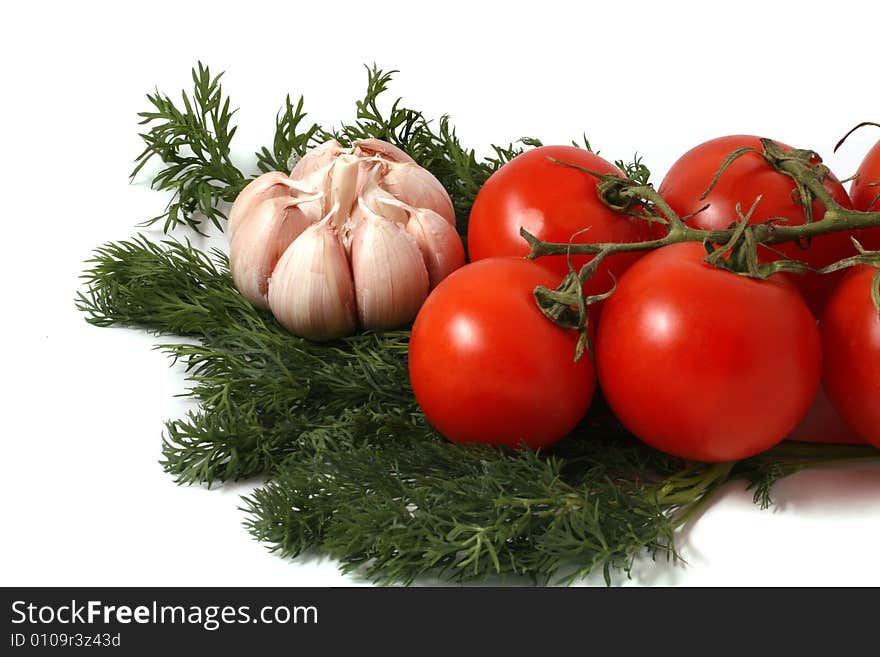 Garlic, fennel and tomatoes branch on a white background