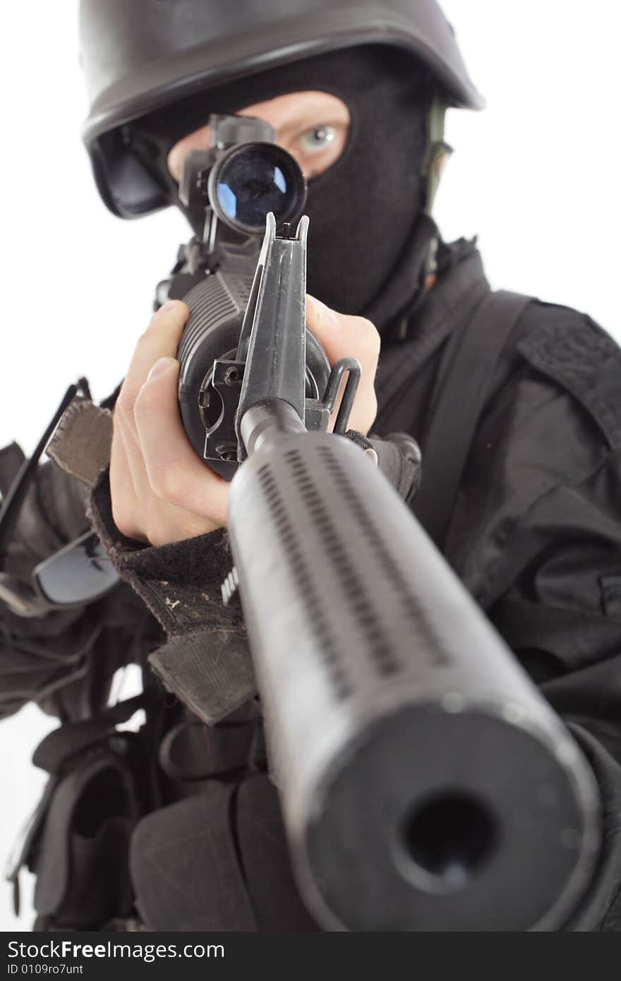 Shot of a soldier holding gun. Uniform conforms to special services. Shot of a soldier holding gun. Uniform conforms to special services.