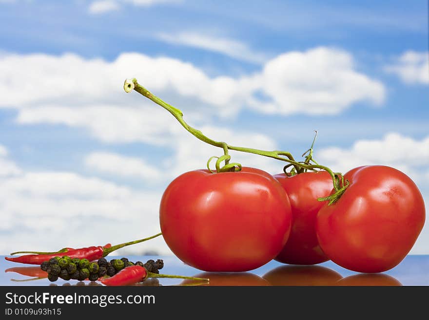 View of three nice big red tomatoes. View of three nice big red tomatoes