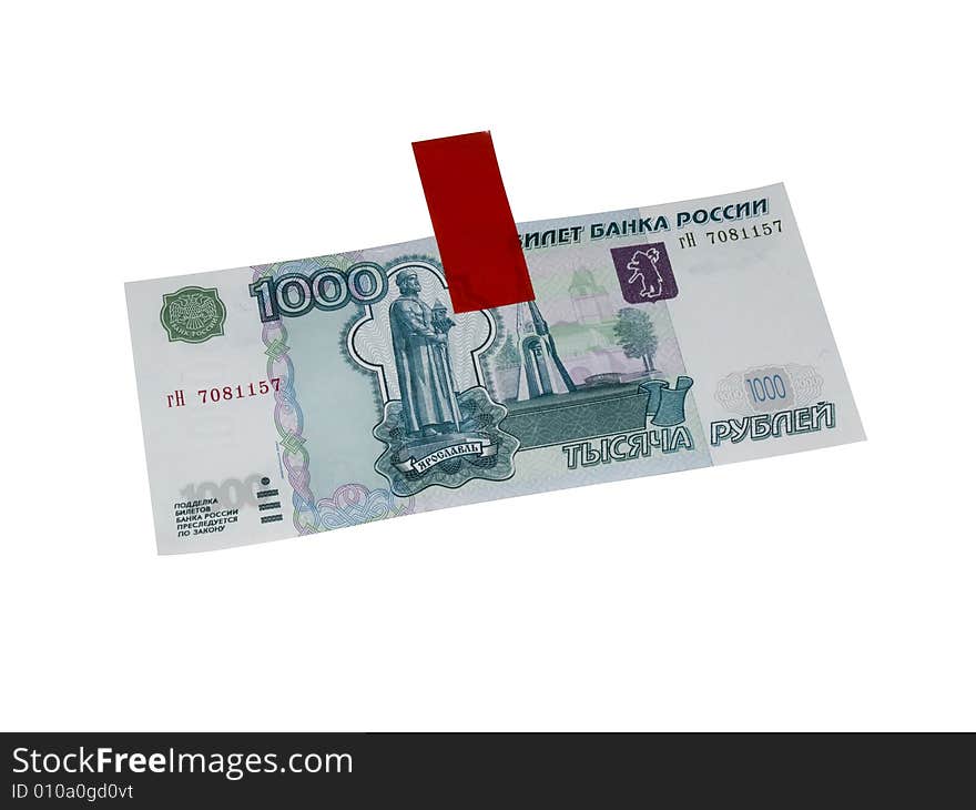 Russian money. 1000 roubles and adhesive tape isolated on white