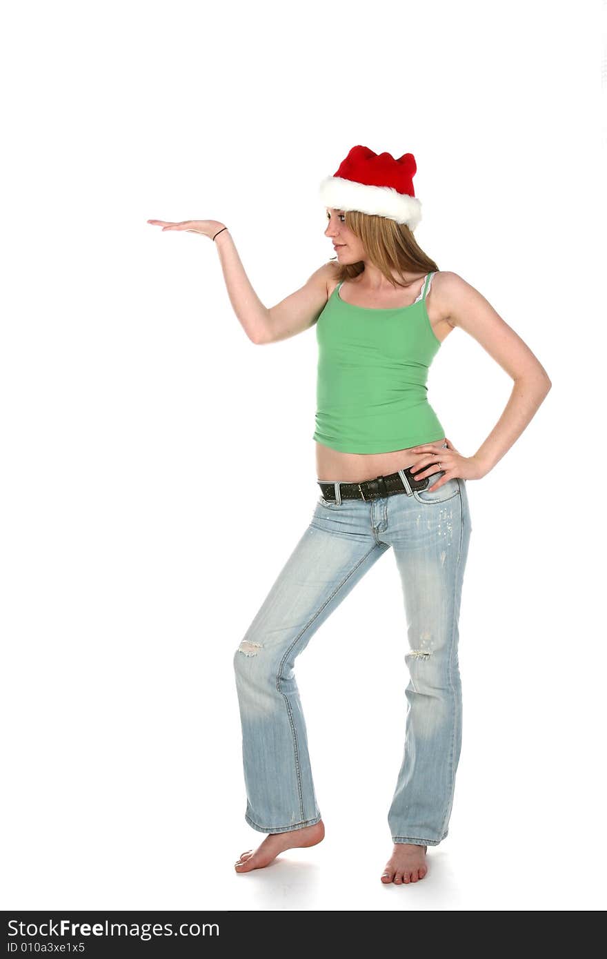 Santa hat woman with hand out