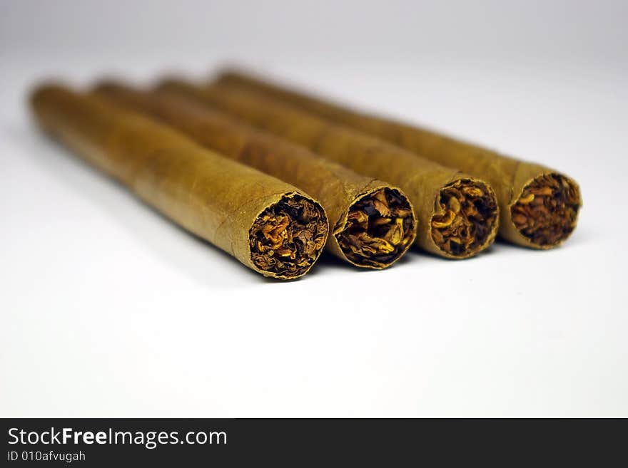 Close-up of four cigars from the front end on a white background