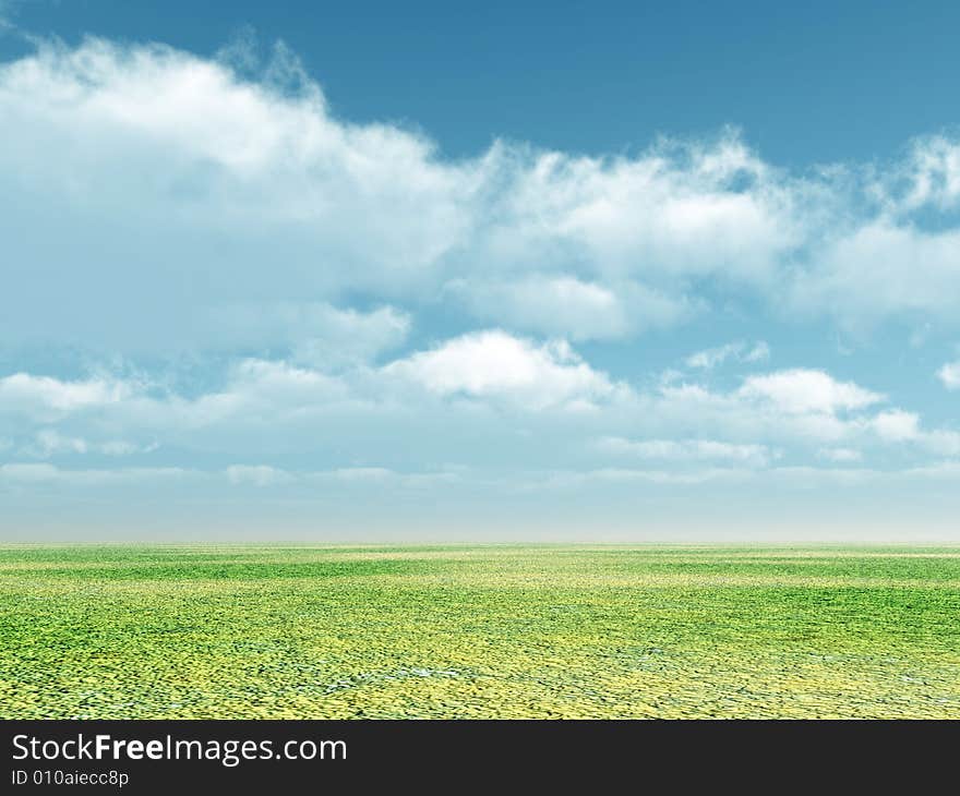 Green field and sky with fluffy clouds. Green field and sky with fluffy clouds