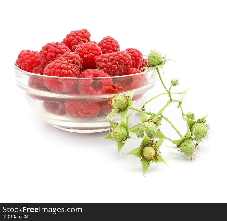 Red raspberry fruits in glass vase