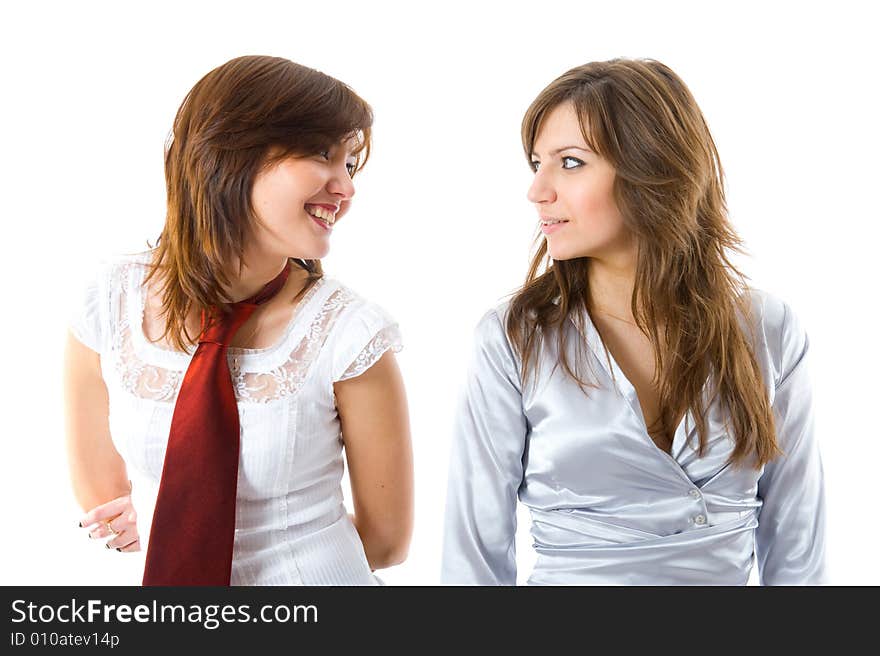 Two smiling businesswomen in team isolated on white background