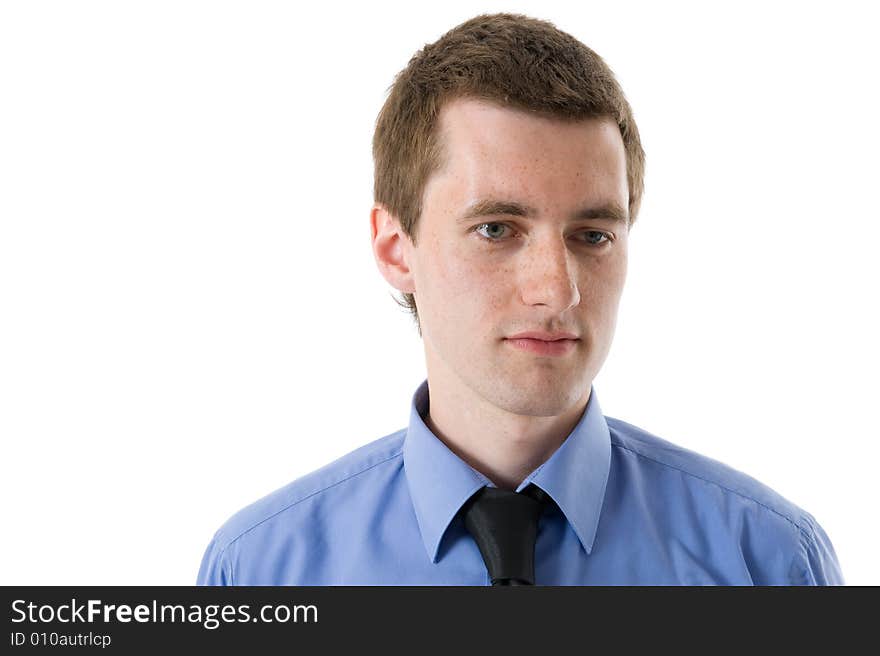 Young businessman showing thumb up and smile.