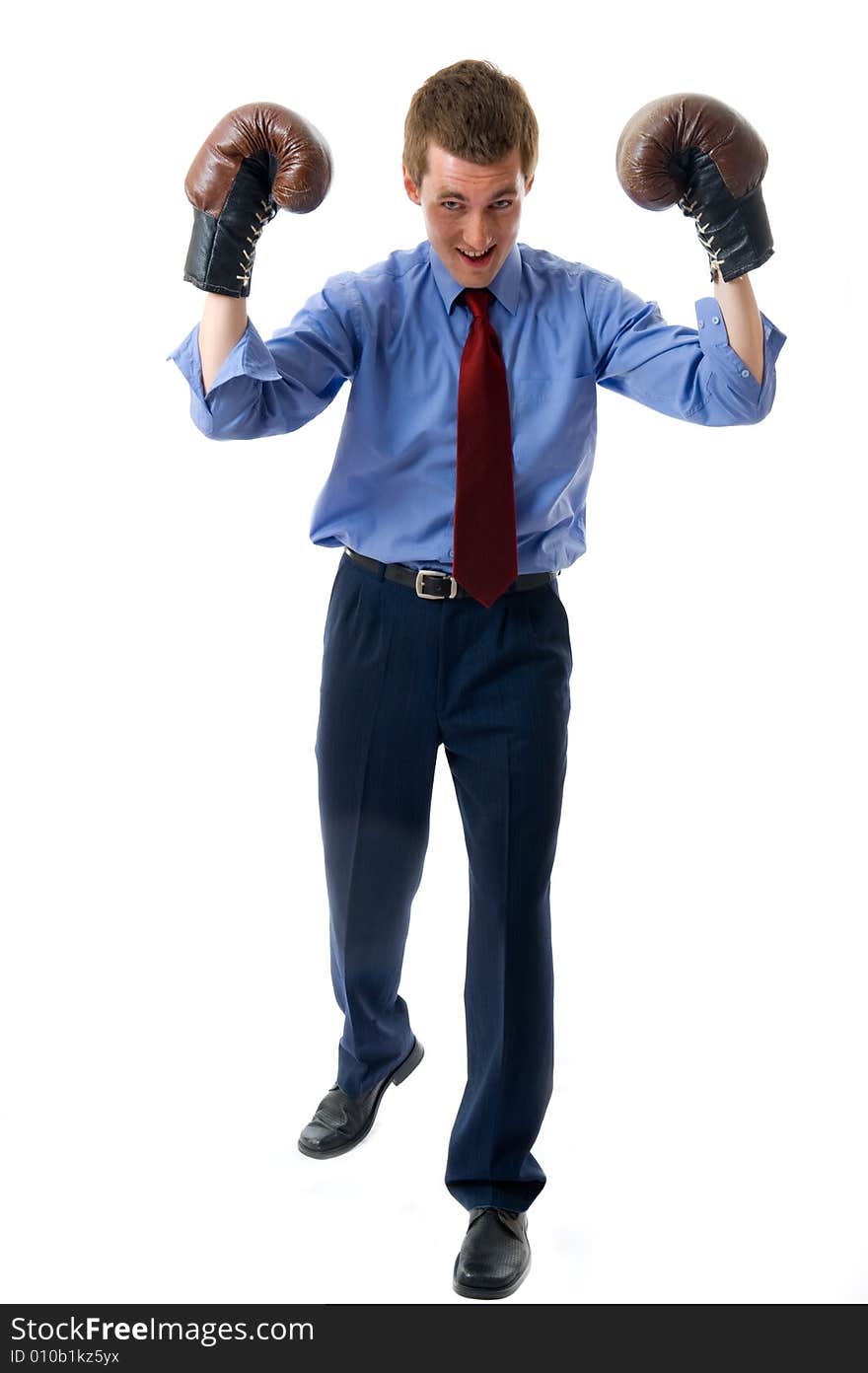 The winner. Portrait of happy young businessman. Isolated over white background