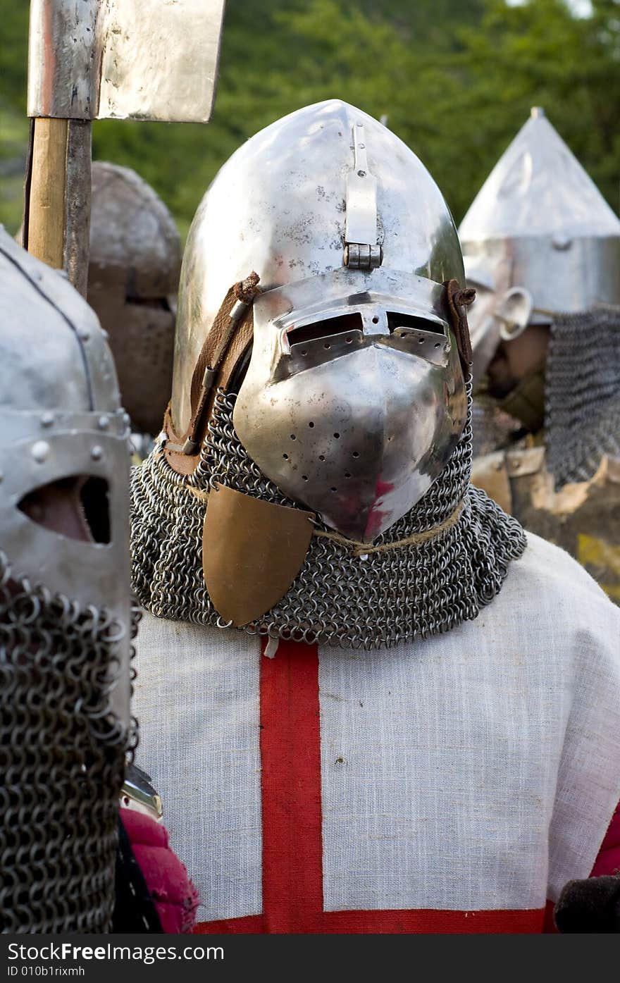 Man wearing costume of Teuton armored knight or infantry, end of XIV century. Man wearing costume of Teuton armored knight or infantry, end of XIV century.