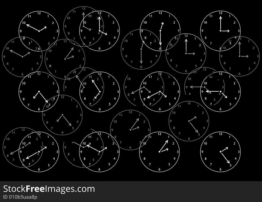 White clock faces layered on a black background. White clock faces layered on a black background