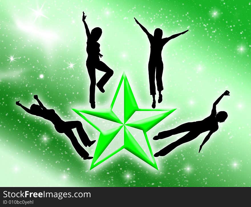 Happy woman silhouettes on a colorful star. Happy woman silhouettes on a colorful star