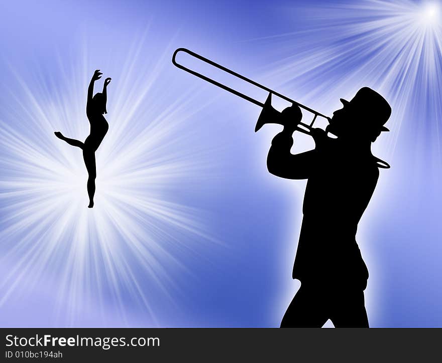 Trumpet player and woman dancer to represent music world. Trumpet player and woman dancer to represent music world