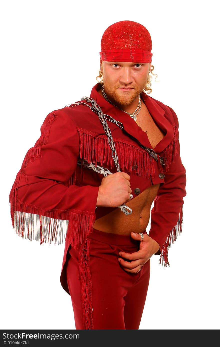 The young strong man on a white background