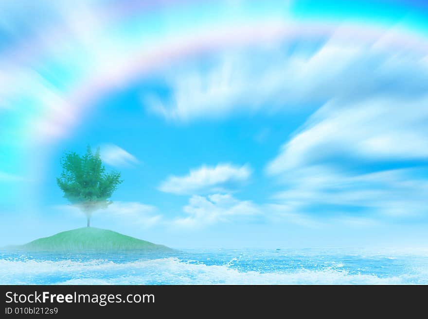 Abstract island with green tree on background Wave on sea beach under year blue sky and cloud