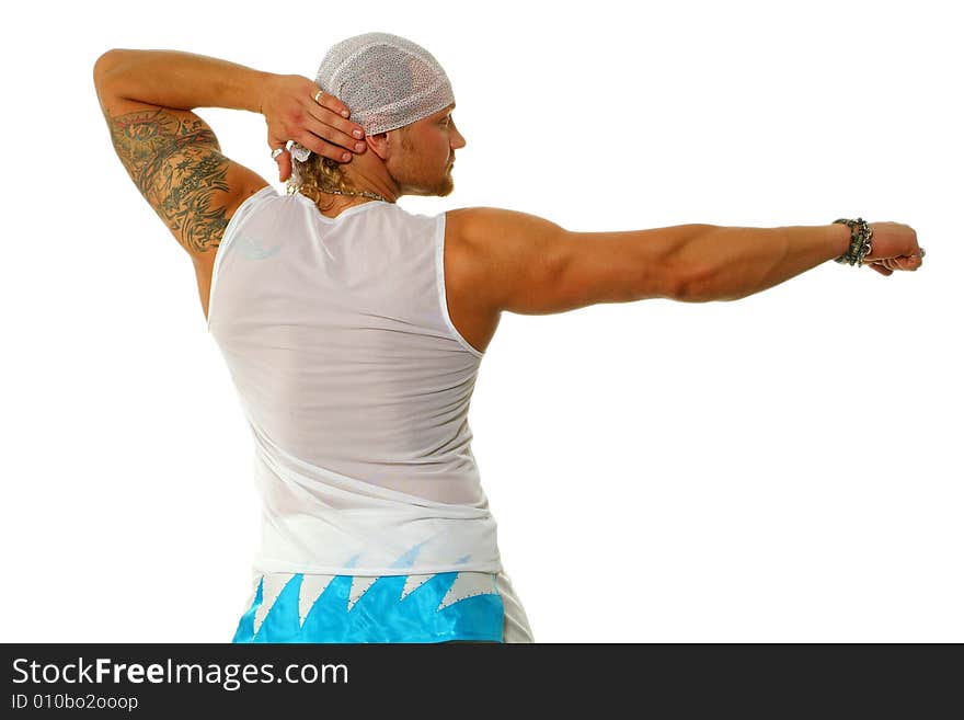 The young strong man on a white background