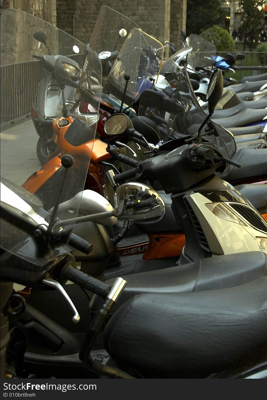 Motorbikes and scooters the prefered mode of transport in Barcelona. Motorbikes and scooters the prefered mode of transport in Barcelona.