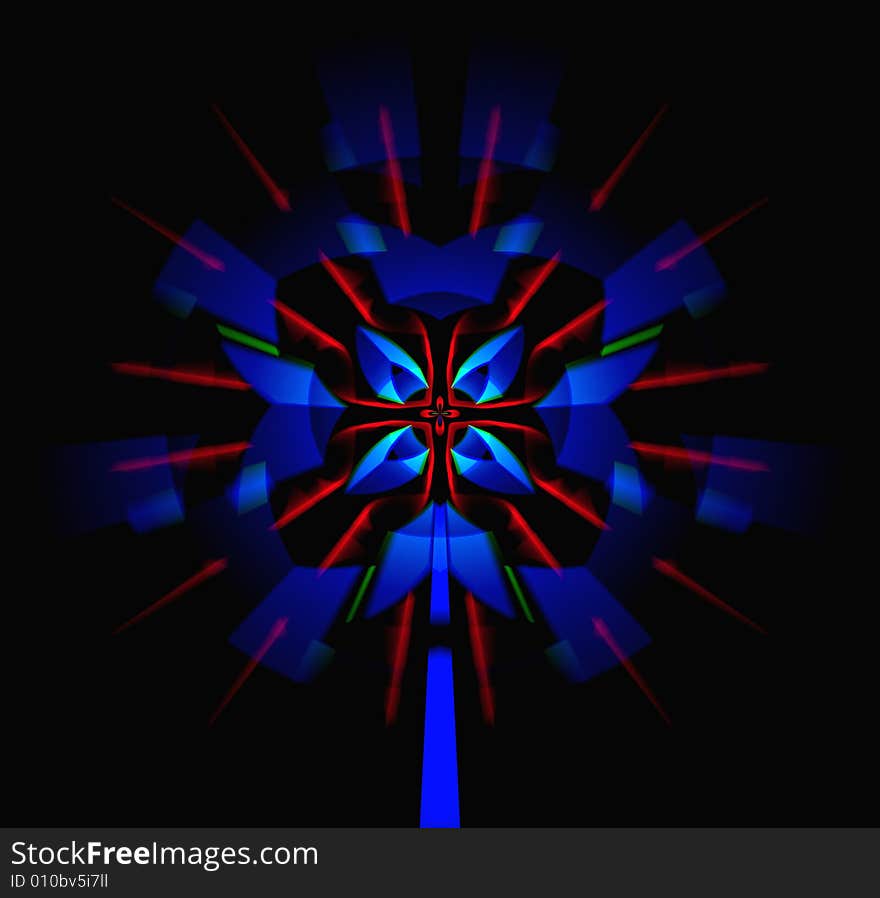 Abstract illustration. Magic of the symmetry of dark-blue crystals and red rays. Abstract illustration. Magic of the symmetry of dark-blue crystals and red rays.