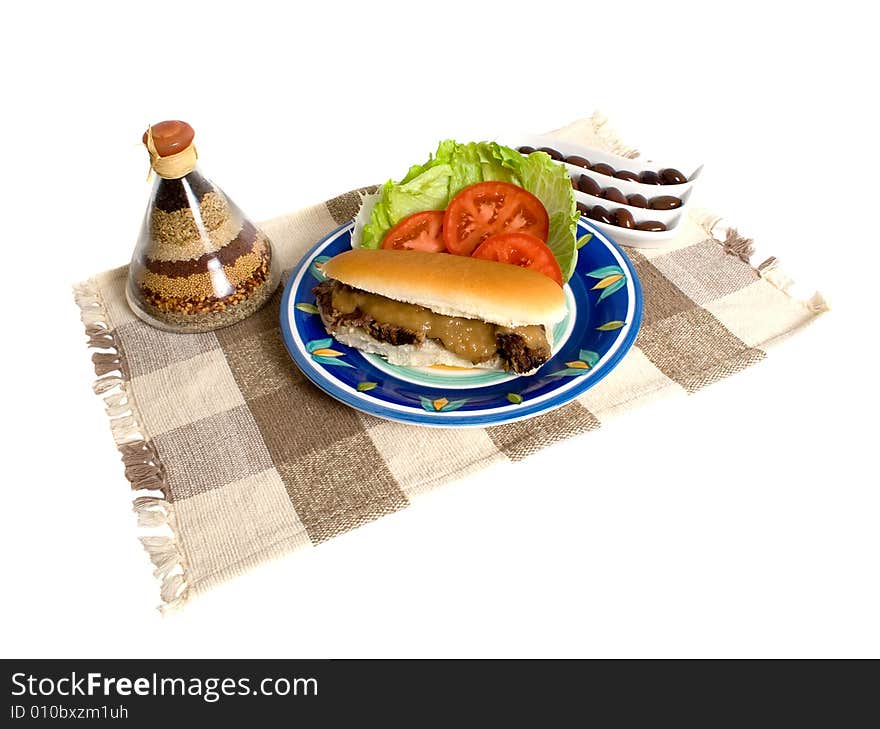 Roast Beef Roll and salad over white background