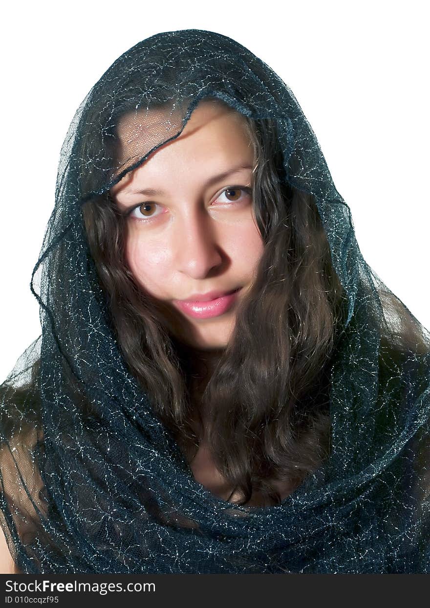 Portrait of pretty girl with the sheer scarf on the hair